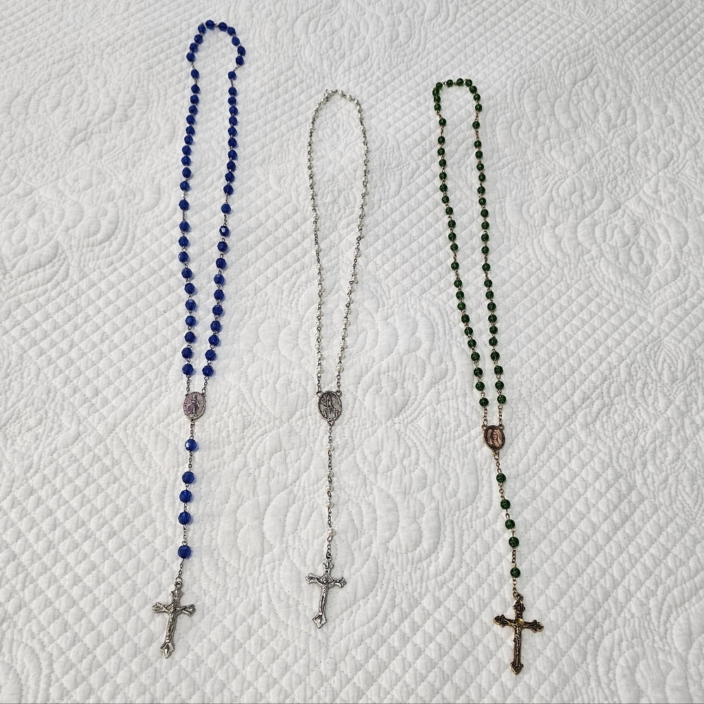 Set Of Three Rosary Necklaces In Blue, Pearl, and Green
